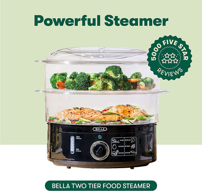 Two Tier Food Steamer with Dishwasher Safe Lids and Stackable Baskets & Removable Base for Fast Simultaneous Cooking - Auto Shutoff & Boil Dry Protection, 7.4 QT, Black