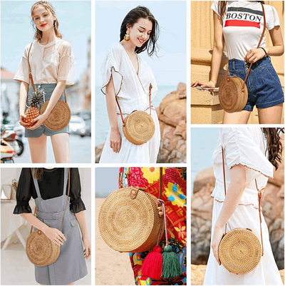 Handwoven round Rattan Bag for Women Bali Ata Straw Bags Adjustable Shoulder Leather Straps