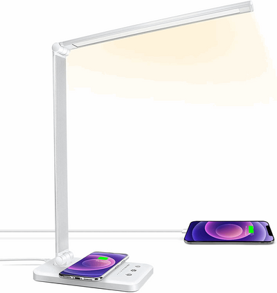 LED Desk Lamp with Wireless Charger, USB Charging Port, Desk Lighting with 10 Brightness, 5 Color Modes, Dimmable Eye Caring Reading Desk Lamps for Home Office, Touch Control, Auto Timer.