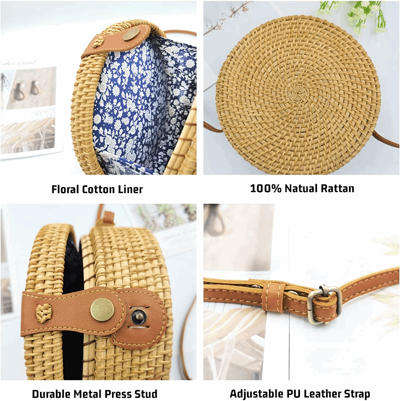 Handwoven round Rattan Bag for Women Bali Ata Straw Bags Adjustable Shoulder Leather Straps