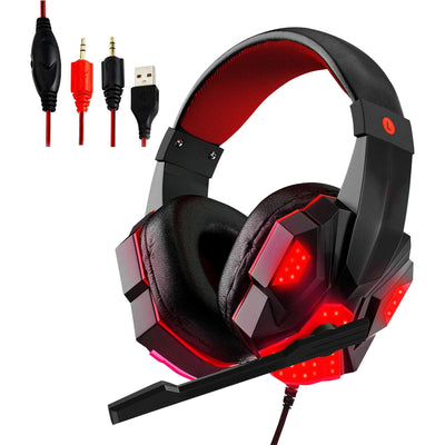  Gaming Headset for PS4 PC One PS5 Console Controller, Noise Cancelling Microphone over Ear Stereo Headphones with Mic, LED Light, Bass Surround, Earmuffs for Laptop Mac NES Games HDP GM1 R