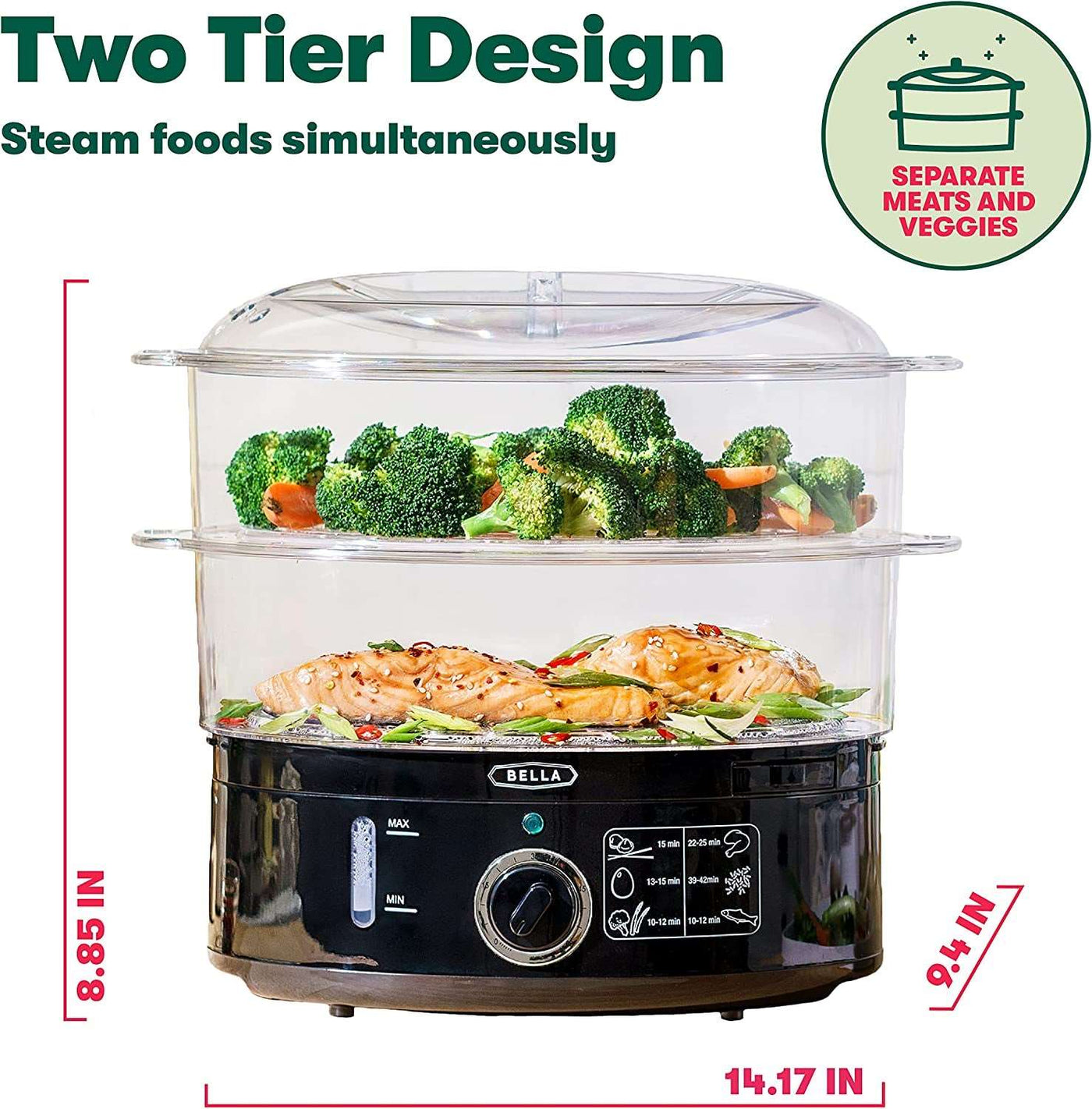 Two Tier Food Steamer with Dishwasher Safe Lids and Stackable Baskets & Removable Base for Fast Simultaneous Cooking - Auto Shutoff & Boil Dry Protection, 7.4 QT, Black