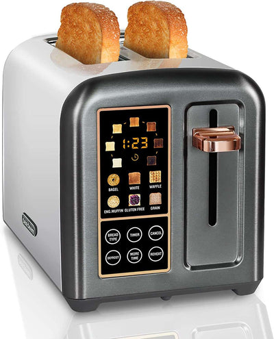Toaster 2 Slice, Stainless Steel Bread Toaster with LCD Display and Touch Buttons, 50% Faster Heating Speed, 6 Bread Selection, 7 Shade Settings, 1.5''Wide Slots Toaster with Cancel/Defrost/Reheat Functions, Removable Crumb Tray, 1350W, Silver Metallic