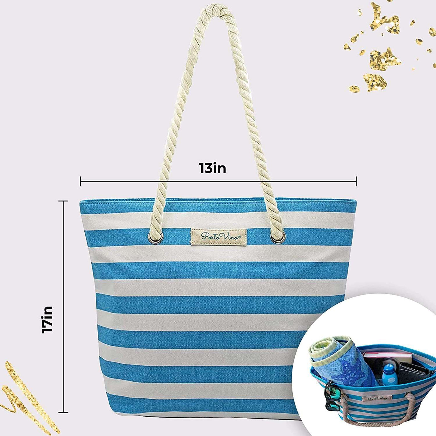 Tote Beach Bag - Canvas Drink Purse with Hidden Spout and Dispenser Flask for Drink Lovers That Holds and Pours 50Oz of a Beverage! Traveling, Concerts, Bachelorette Party - Turquoise/White