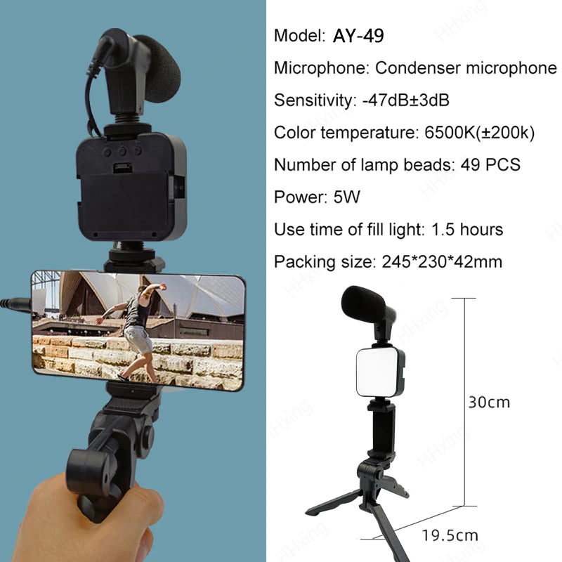 Phone Holder Photography Lighting Smartphone Video Kit Microphone LED Selfie Tripod Recording Handle Portable Stabilizer Bracket